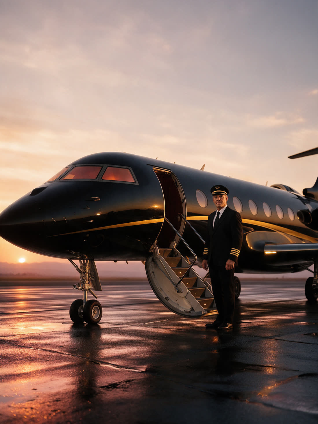 The captain at the foot of the airstair at dusk