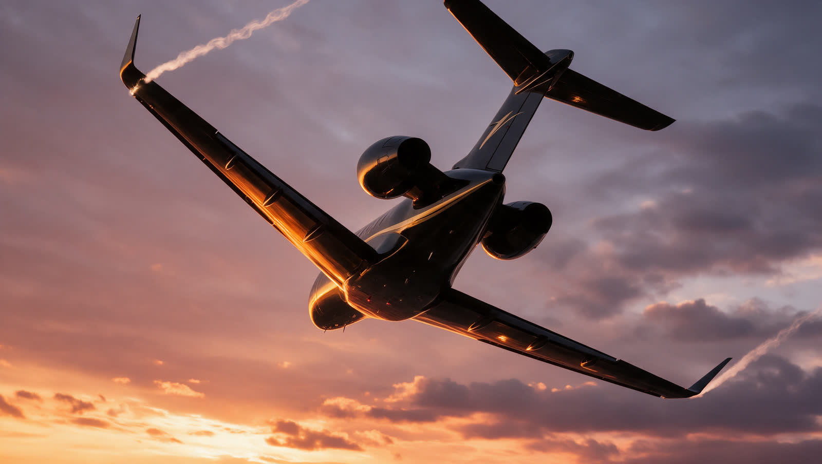 The aircraft climbing through cloud at sunset