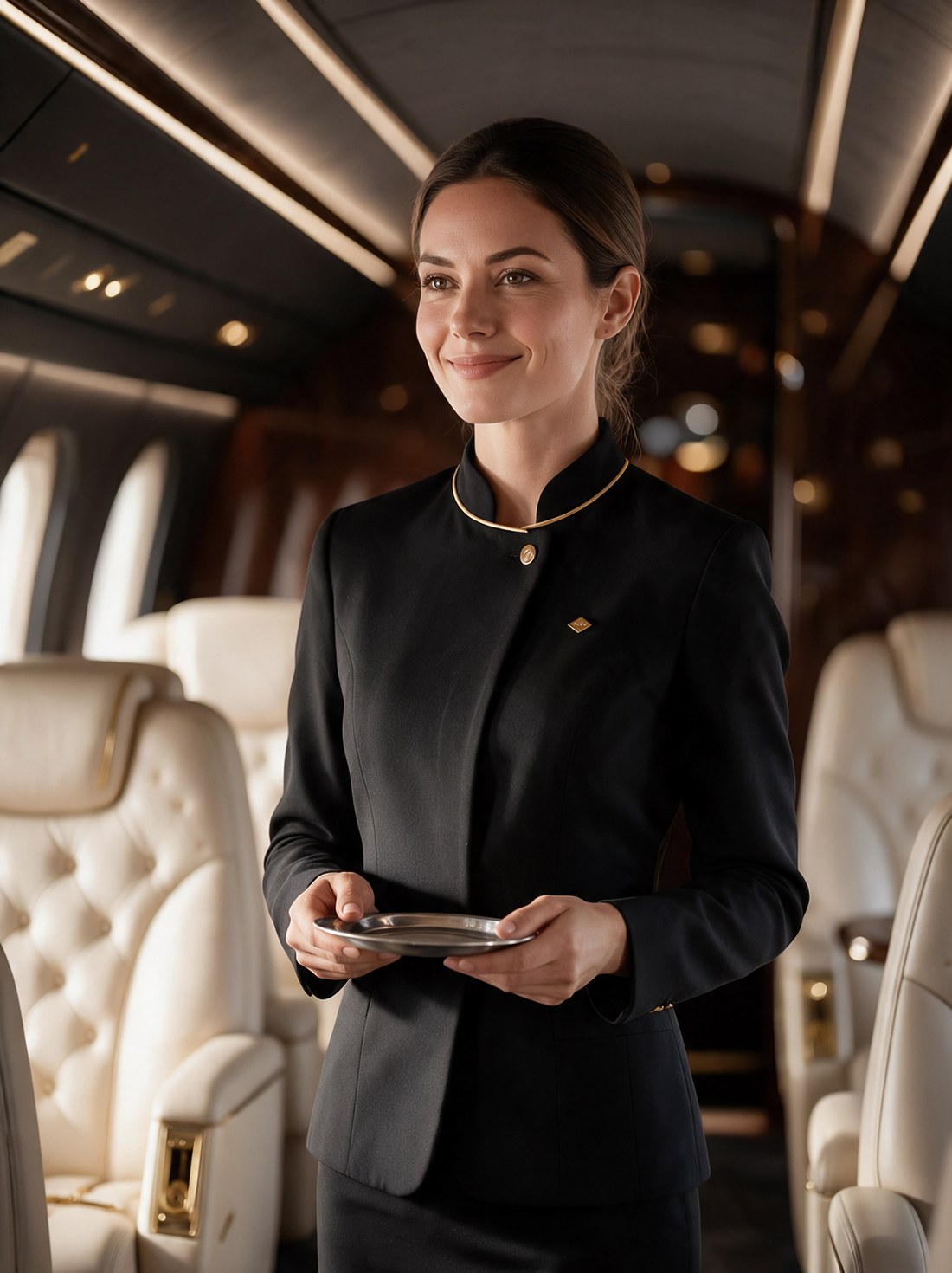 Cabin attendant in a black uniform with gold trim