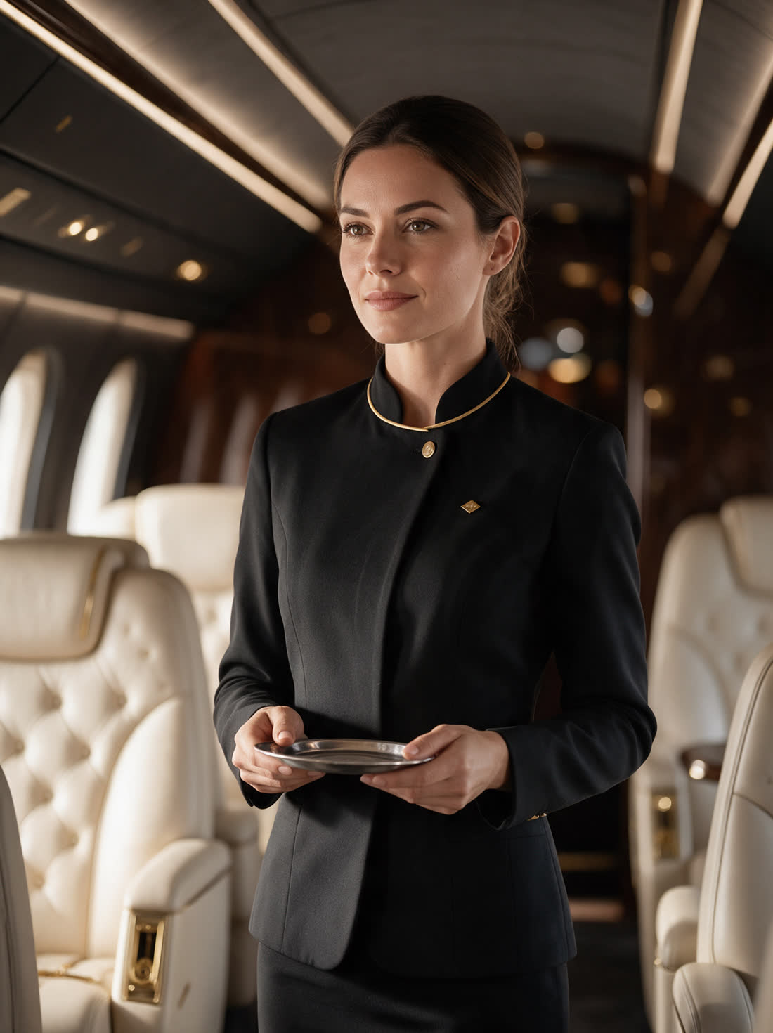 Cabin attendant in a black uniform with gold trim