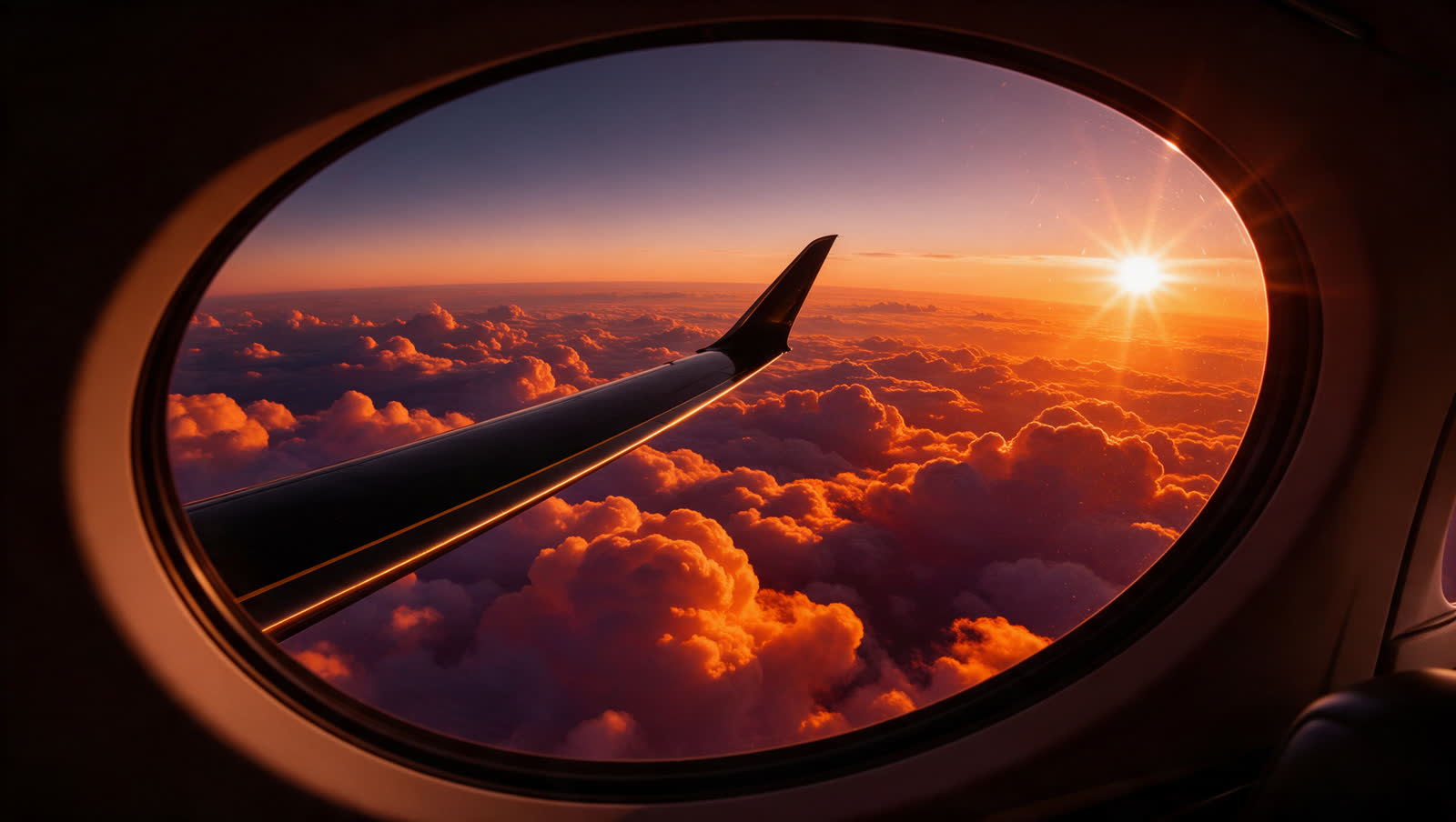 Sunset cloudscape through the cabin window